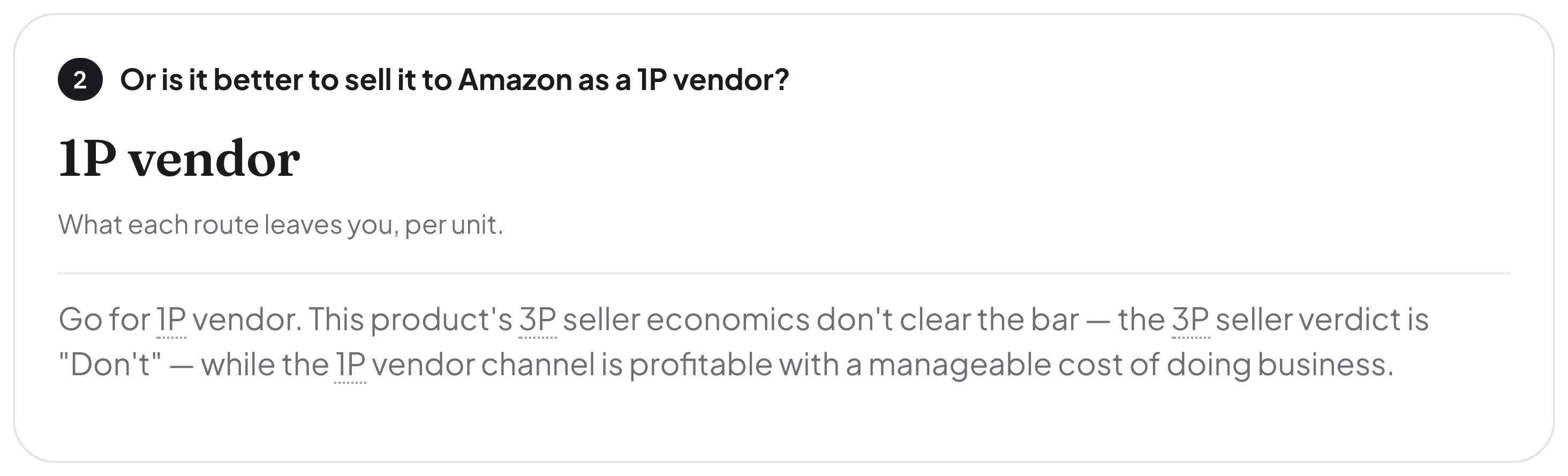 The second answer card, reading 1P vendor, with its reason.