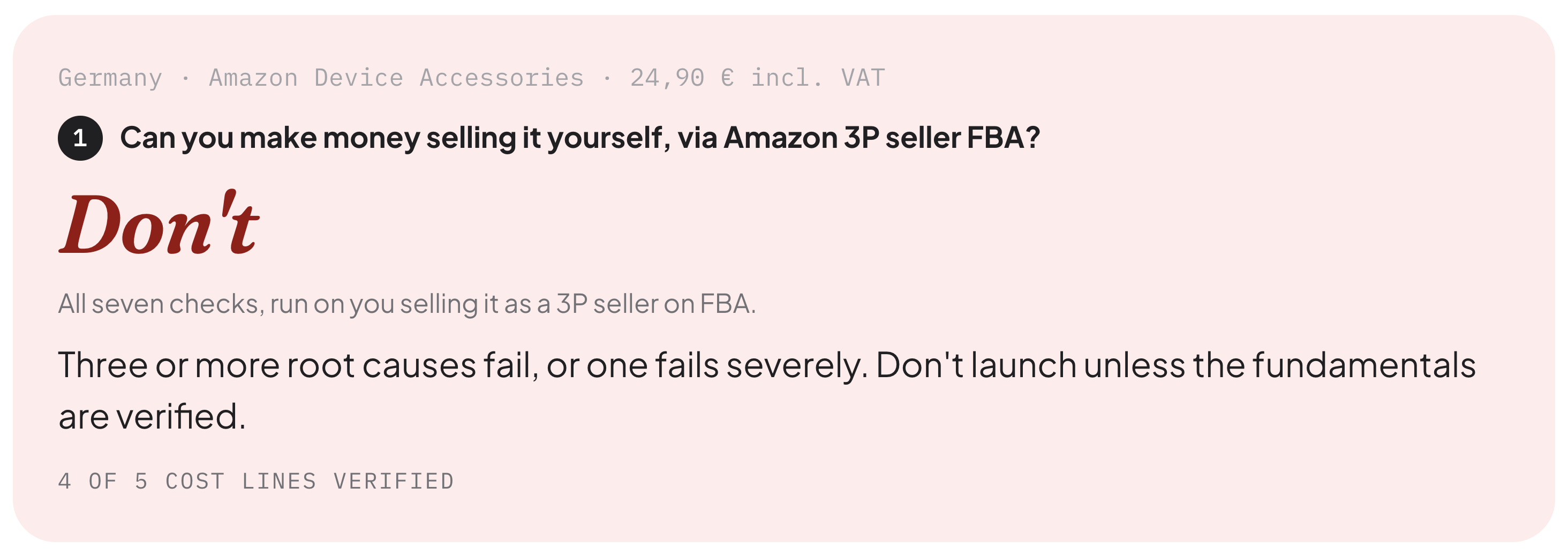 The AMZ Verdict tool showing a "Don’t" ruling for Amazon Device Accessories in Germany, and a separate 1P vendor recommendation.